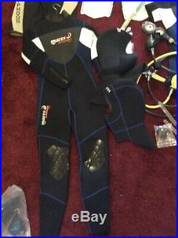 Scuba diving bundle drysuits wetsuits, hoods, boots, regs, fins, snorkel