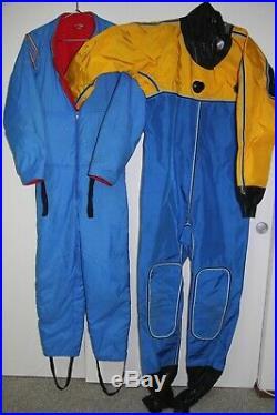 Two Scuba Diving Dry Suits (Imperial, XL & S), with fleece-lined undergarments